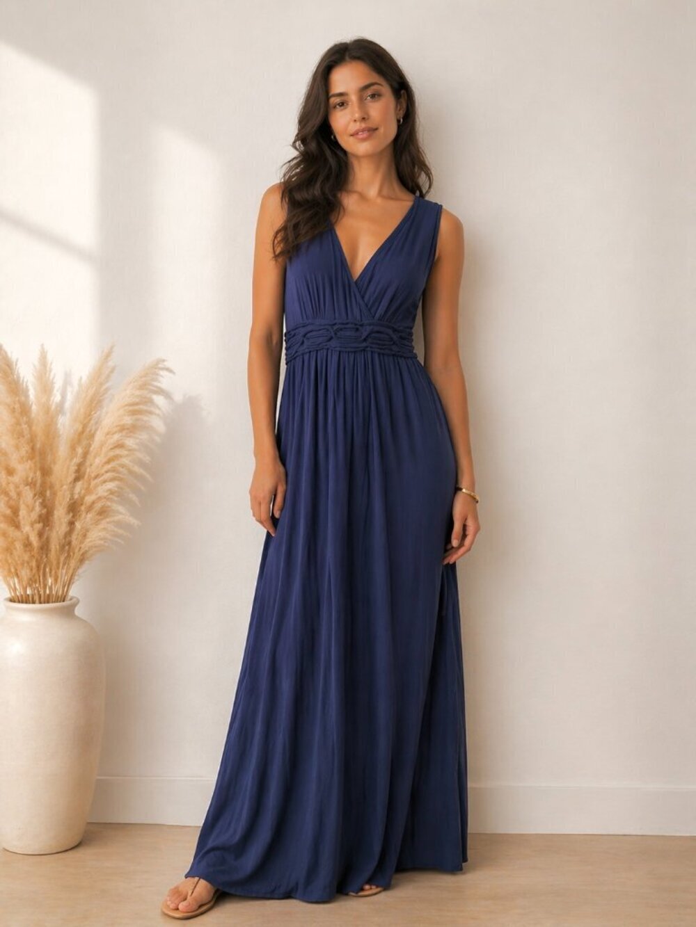Max Studio Maxi Dress Medium Blue Purple Sleeveless Empire Waist Pleated Stretch